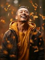 photo of emotional dynamic pose Asian man in autumn AI Generative