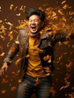 photo of emotional dynamic pose Asian man in autumn AI Generative