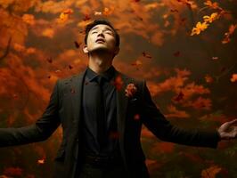 photo of emotional dynamic pose Asian man in autumn AI Generative