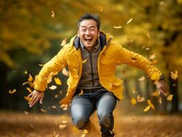 photo of emotional dynamic pose Asian man in autumn AI Generative