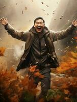 photo of emotional dynamic pose Asian man in autumn AI Generative