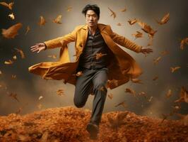 photo of emotional dynamic pose Asian man in autumn AI Generative