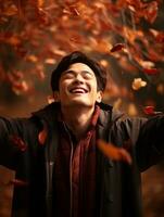 photo of emotional dynamic pose Asian man in autumn AI Generative