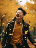 foto de emocional dinámica actitud asiático hombre en otoño ai generativo