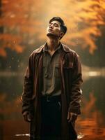 photo of emotional dynamic pose Asian man in autumn AI Generative