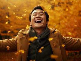 photo of emotional dynamic pose Asian man in autumn AI Generative