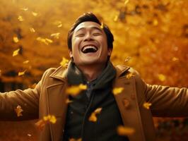 photo of emotional dynamic pose Asian man in autumn AI Generative