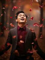 photo of emotional dynamic pose Asian man in autumn AI Generative