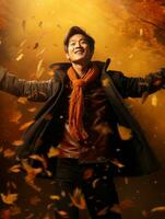 photo of emotional dynamic pose Asian man in autumn AI Generative