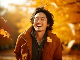 photo of emotional dynamic pose Asian man in autumn AI Generative