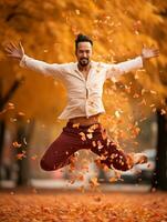 photo of emotional dynamic pose Asian man in autumn AI Generative