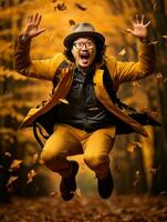 photo of emotional dynamic pose Asian man in autumn AI Generative