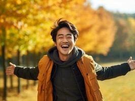 photo of emotional dynamic pose Asian man in autumn AI Generative