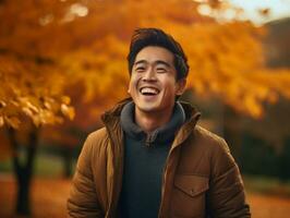 photo of emotional dynamic pose Asian man in autumn AI Generative