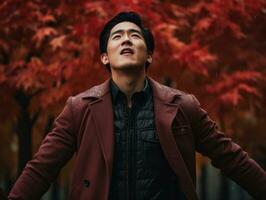 photo of emotional dynamic pose Asian man in autumn AI Generative