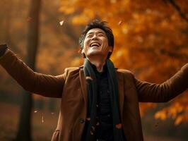 photo of emotional dynamic pose Asian man in autumn AI Generative