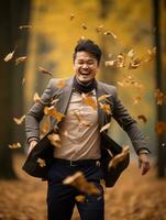 photo of emotional dynamic pose Asian man in autumn AI Generative