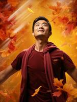 photo of emotional dynamic pose Asian man in autumn AI Generative