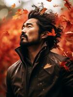 photo of emotional dynamic pose Asian man in autumn AI Generative