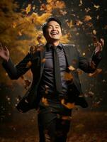 photo of emotional dynamic pose Asian man in autumn AI Generative