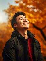 photo of emotional dynamic pose Asian man in autumn AI Generative