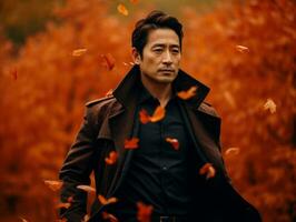 photo of emotional dynamic pose Asian man in autumn AI Generative