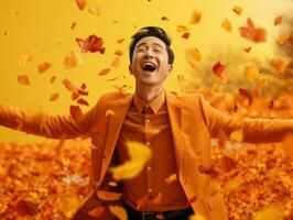 photo of emotional dynamic pose Asian man in autumn AI Generative