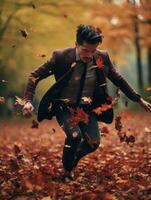 photo of emotional dynamic pose Asian man in autumn AI Generative