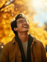 photo of emotional dynamic pose Asian man in autumn AI Generative