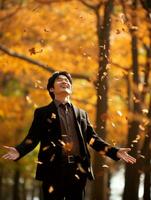 photo of emotional dynamic pose Asian man in autumn AI Generative
