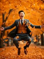 photo of emotional dynamic pose Asian man in autumn AI Generative