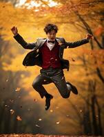 photo of emotional dynamic pose Asian man in autumn AI Generative