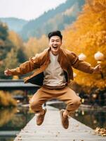 photo of emotional dynamic pose Asian man in autumn AI Generative