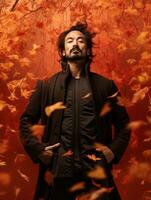 photo of emotional dynamic pose Asian man in autumn AI Generative