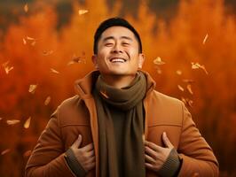 photo of emotional dynamic pose Asian man in autumn AI Generative