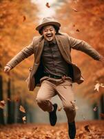 photo of emotional dynamic pose Asian man in autumn AI Generative