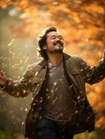 photo of emotional dynamic pose Asian man in autumn AI Generative