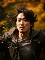 photo of emotional dynamic pose Asian man in autumn AI Generative