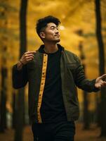 photo of emotional dynamic pose Asian man in autumn AI Generative