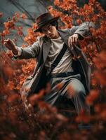 photo of emotional dynamic pose Asian man in autumn AI Generative