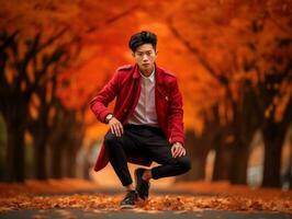 photo of emotional dynamic pose Asian man in autumn AI Generative