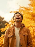 photo of emotional dynamic pose Asian man in autumn AI Generative