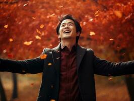 photo of emotional dynamic pose Asian man in autumn AI Generative