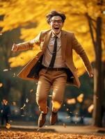 photo of emotional dynamic pose Asian man in autumn AI Generative
