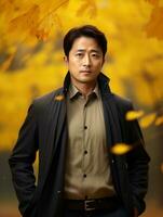 photo of emotional dynamic pose Asian man in autumn AI Generative