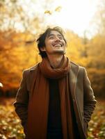 photo of emotional dynamic pose Asian man in autumn AI Generative