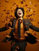 photo of emotional dynamic pose Asian man in autumn AI Generative