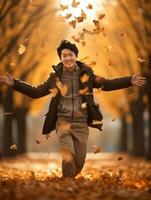 photo of emotional dynamic pose Asian man in autumn AI Generative