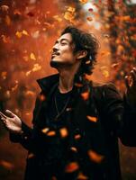 photo of emotional dynamic pose Asian man in autumn AI Generative