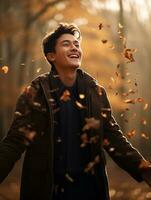 photo of emotional dynamic pose Asian man in autumn AI Generative